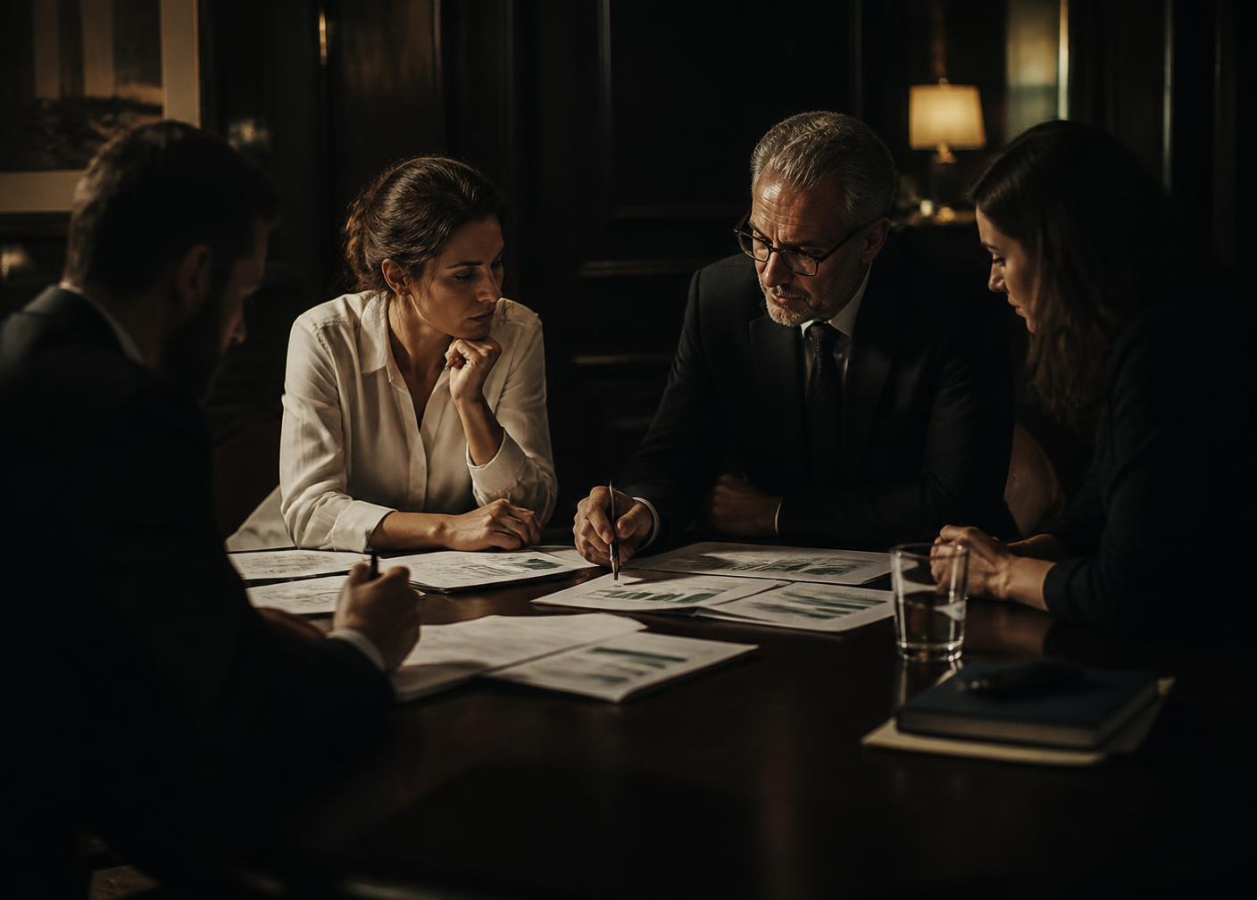 Accounting practice team reviewing client reports together around a meeting table