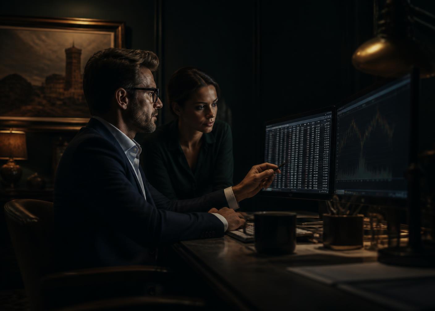 Two accountants reviewing bookkeeping spreadsheets on dual monitors in a UK practice office