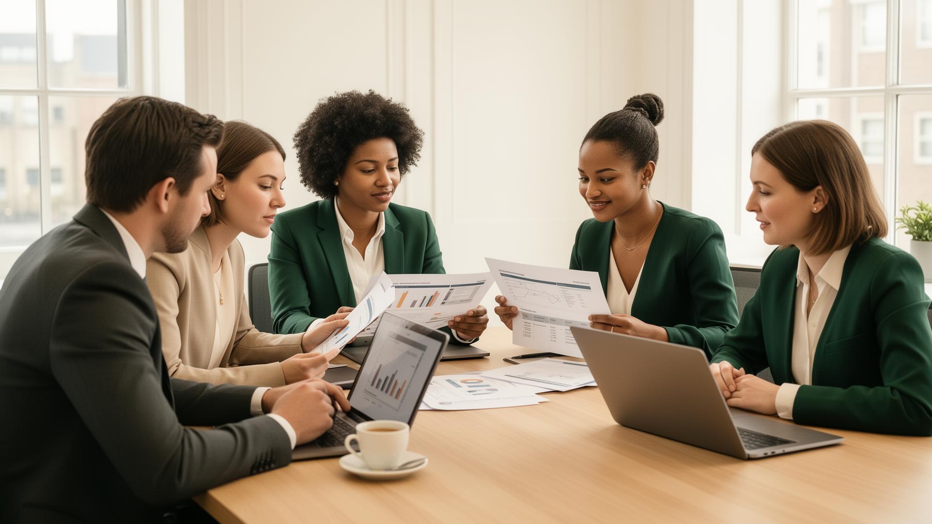 Accounting practice team reviewing client reports together around a meeting table