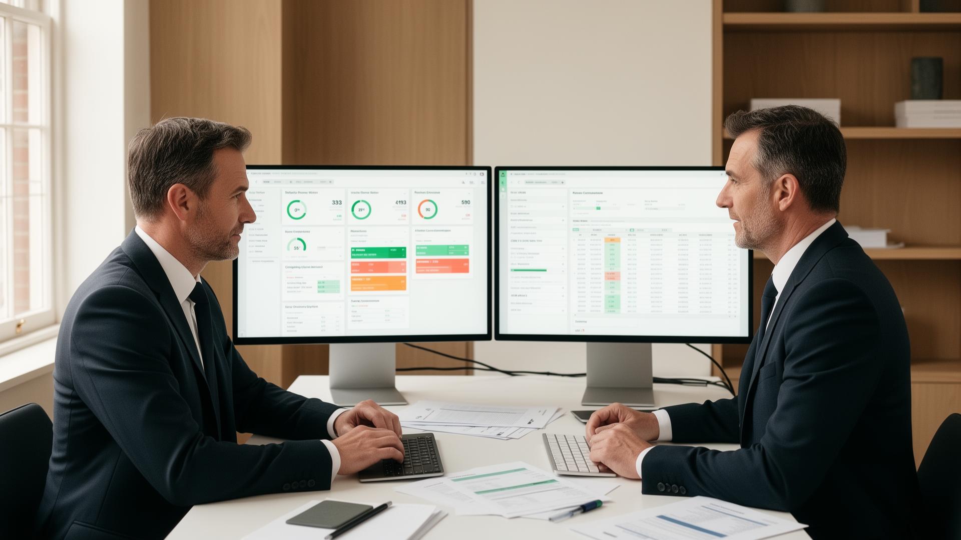 Two accountants reviewing bookkeeping spreadsheets on dual monitors in a UK practice office